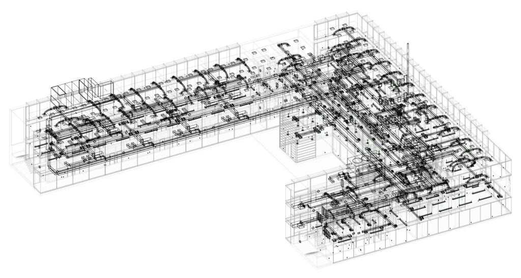 architectural isometric blueprint of  HVAC system in BIM