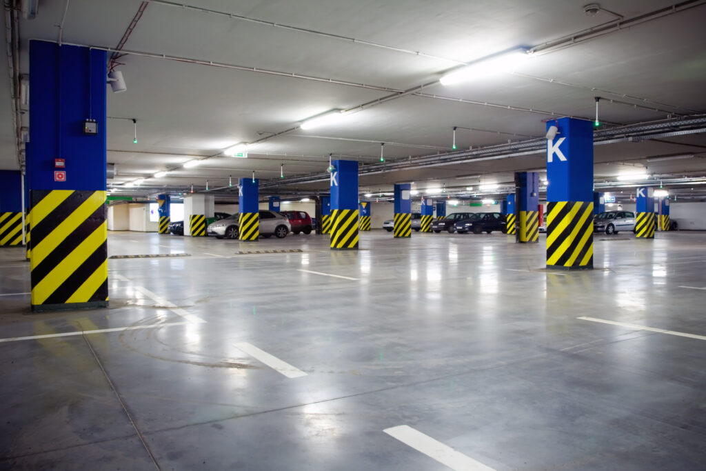 Parking garage of shopping center, underground interior